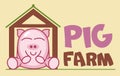 Vector Logo of ÃÂute funny smiling cartoon pig sitting in a barn. Modern humorous logo template with image of the farm animal.